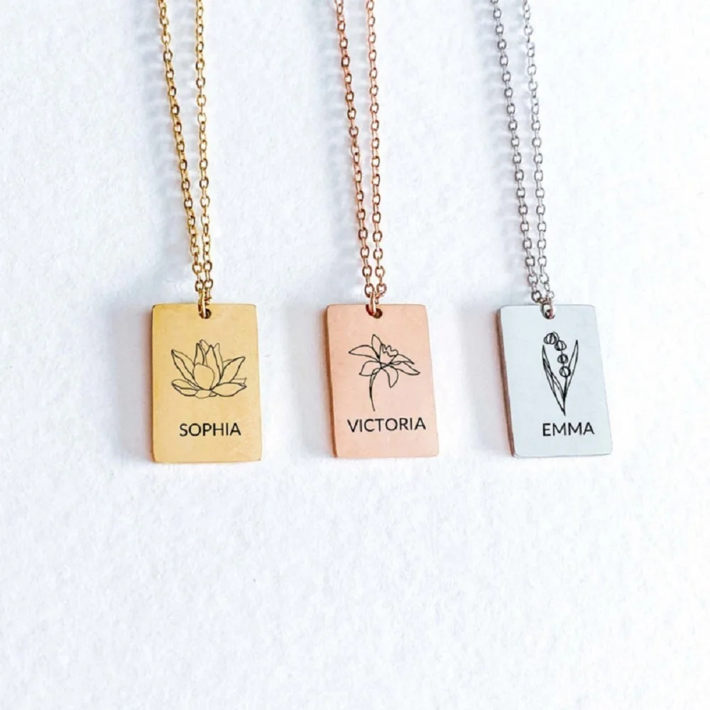 

Fils Custom Necklace-Birth Flower Custom Necklace Carved Name Date-Mother Gift-Birthday Gift-Woman Jewelry-Collar Personalizado