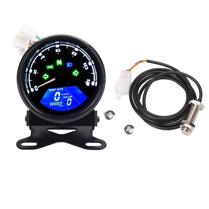 NEW-Universal Motorcycle Lcd Digital Meter Odometer Tachometer Speedometer 12000RPM Gauge with Bracket