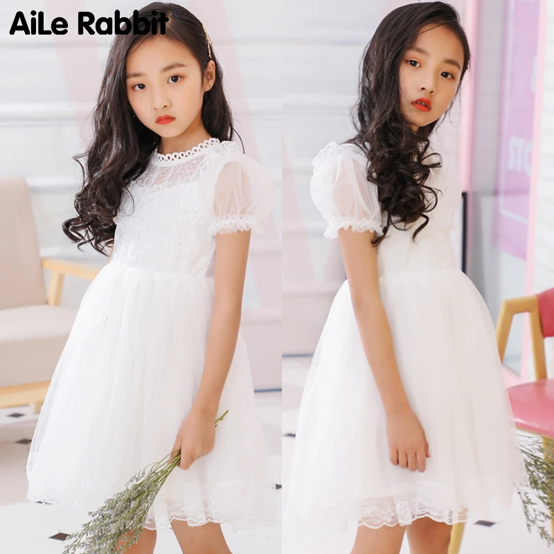 Girls Dress Short Sleeve Fairy Gauze White Wedding Flower Girl Lace Princess Veil Puff Kids Wear Vestidos Niña | Детская одежда и