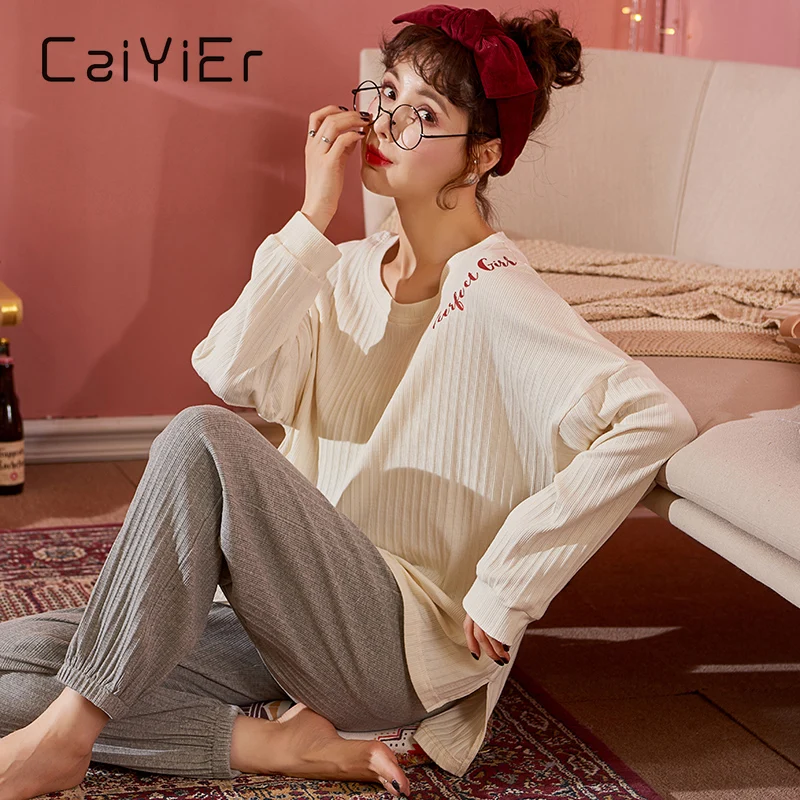 CAIYIER Cute Flower Sleepwear Set For Women Long Sleeve Trousers Cotton Pajamas Set Lovely Girls Soft Underwear Pijamas Mujer