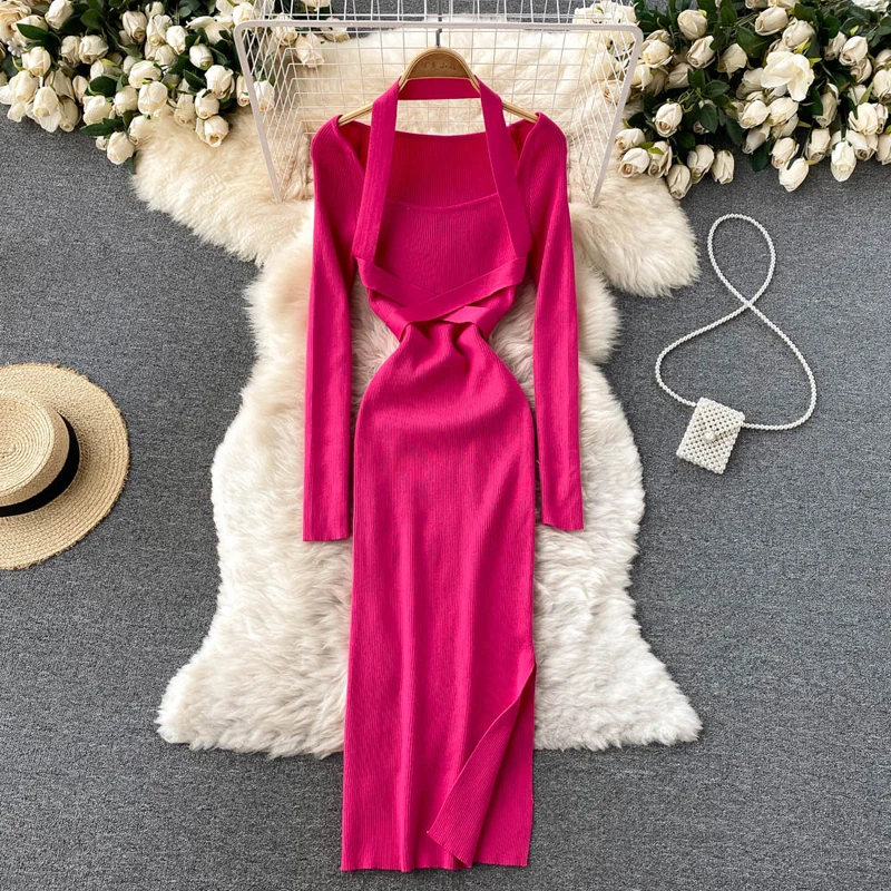 

Women 2021 New Sexy Halter Neck Strapless Ribbed Knitted Bodycon Dress Women Winter Bow Side Split Long Sweater Dresses Clothes