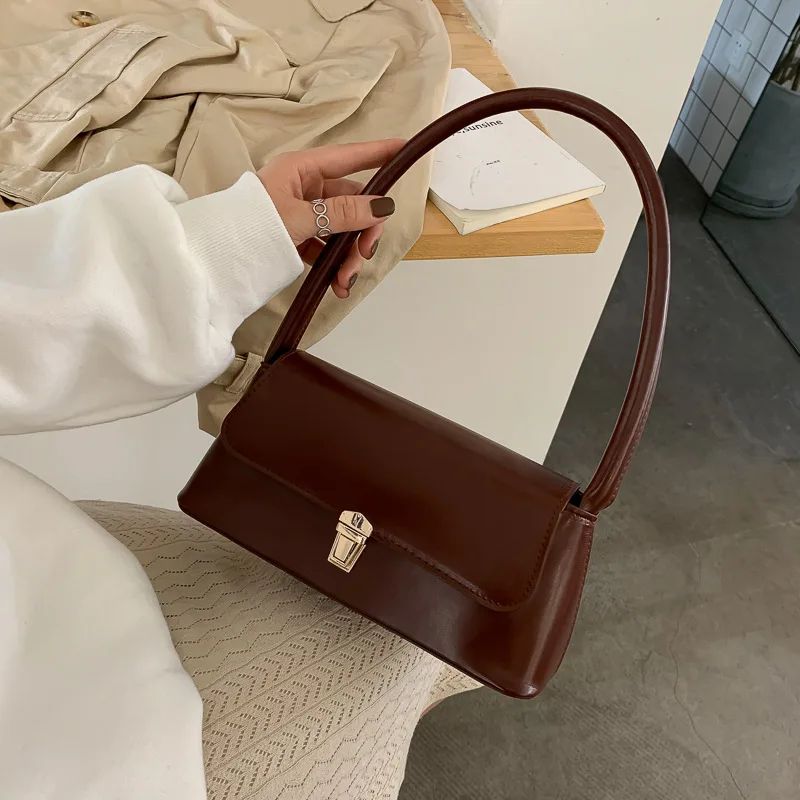 

2021 PU Leather Women Underarm Bag Retro Solid Color Ladies Baguette Handbags Fashion Design Girls Small Shoulder Bags Brown