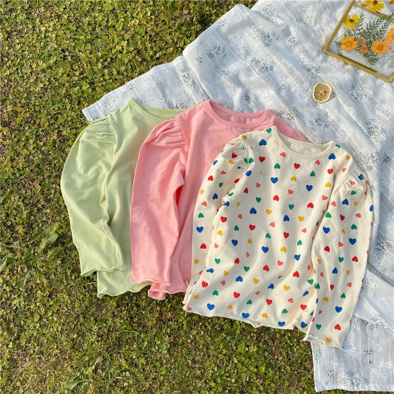 

2021 Spring new love print solid color t-shirt kids girl cute fashion puff sleeve tee Tops