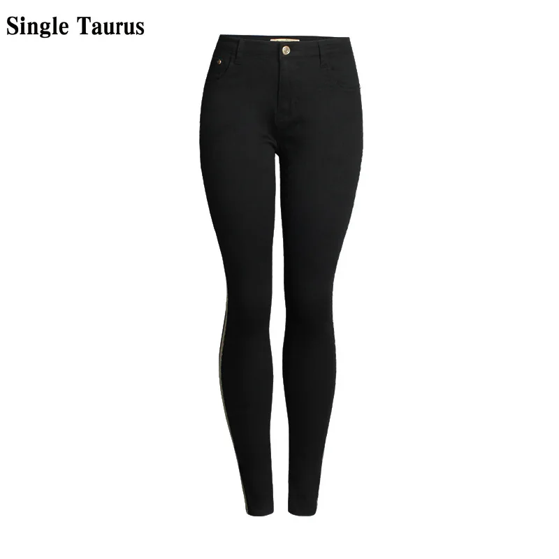 Sequined Side Stripe Woman's Jeans Europe America Streetwear Casual Denim Pants Women Slim Black Skinny Pencil Mujer 2020 | Женская