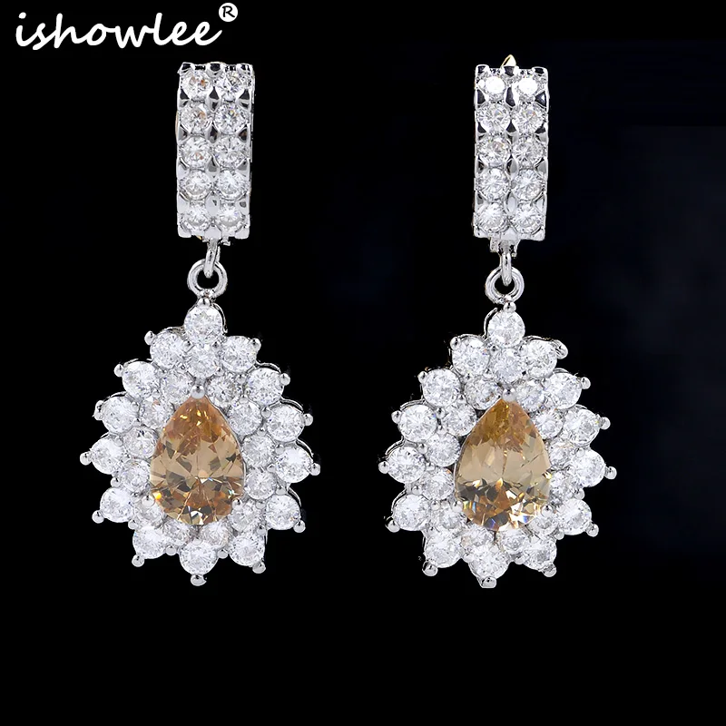 Большие серебряные серьги-подвески с кубическим цирконием и желтыми камнями