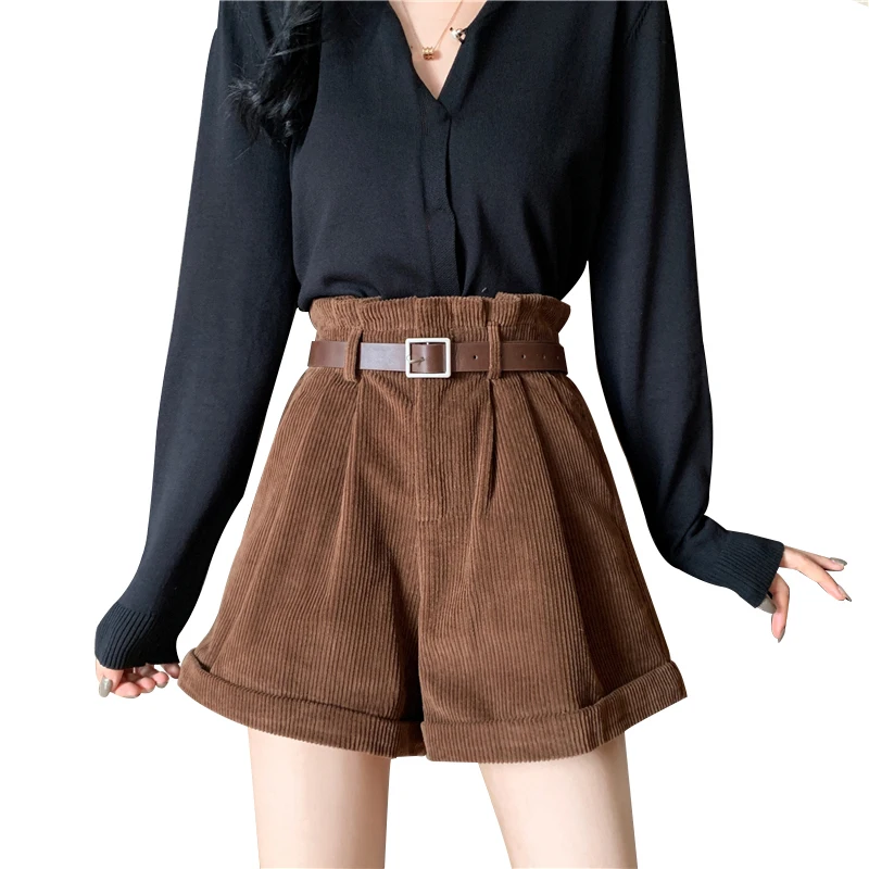 Женские шорты с оборками и эластичным поясом однотонные кофейные высокой талией