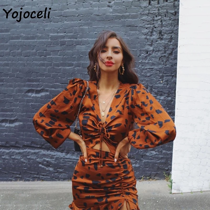 Yojoceli модное леопардовое платье с длинными рукавами мини-платье с оборками вечерние Клубные платья женские vestidos