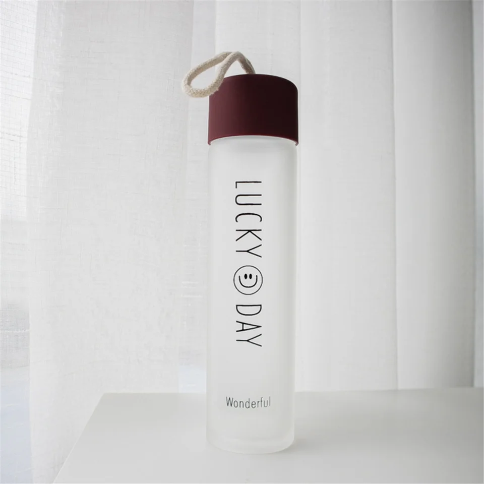 

Men Women 360ml Transparent Frosted Glass Water Bottle with Portable Strap Cylindrical Leak-proof Screw Cap Water Cup Free Cover