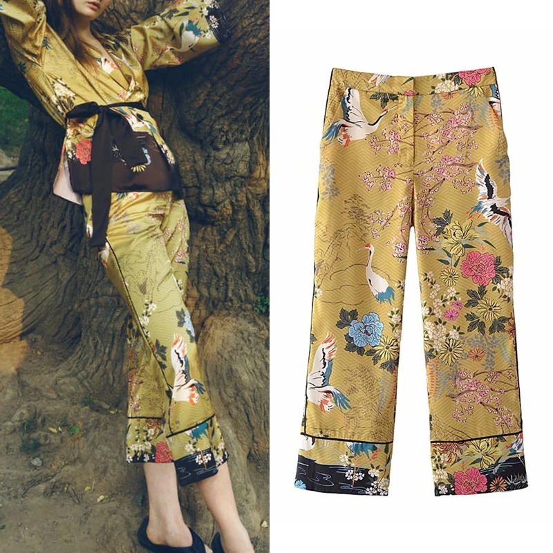 

Za 2021 Print Pants For Women High Waist Cropped Trousers Woman Straight Leg Loose Pants Streetwear Vintage Pants Sets