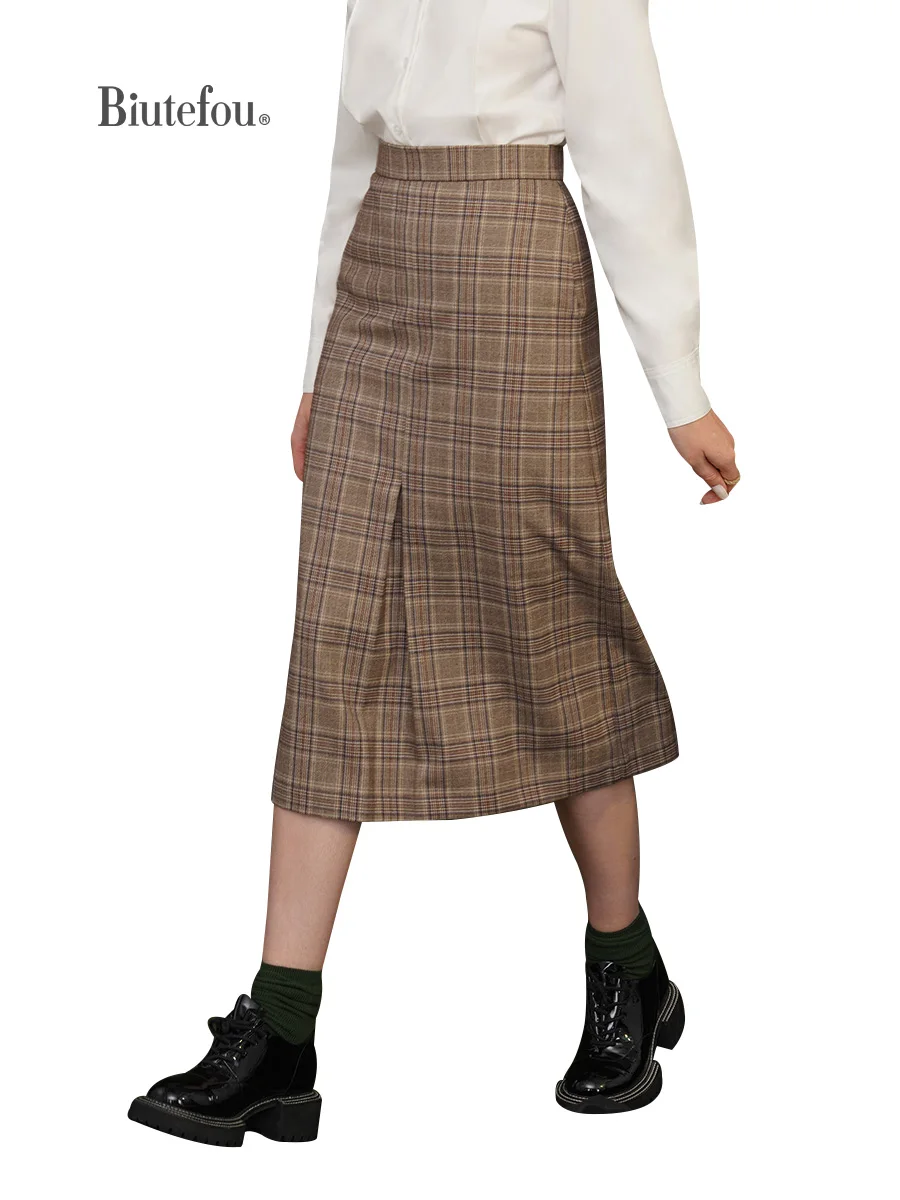 【Biutefou】2022 Original Design Winter Women Classic Literary Plaid A-Line High Waist Skirt