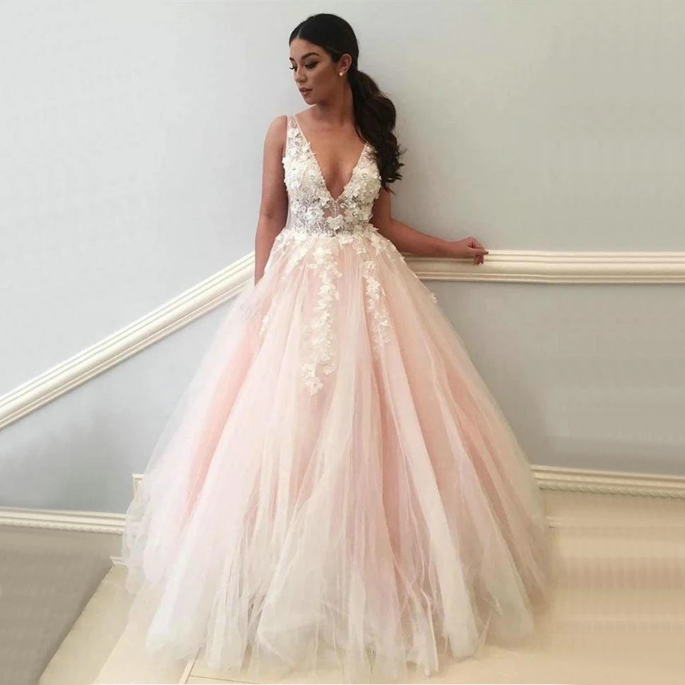 Очаровательные розовые тюлевые Свадебные платья с глубоким V-образным вырезом