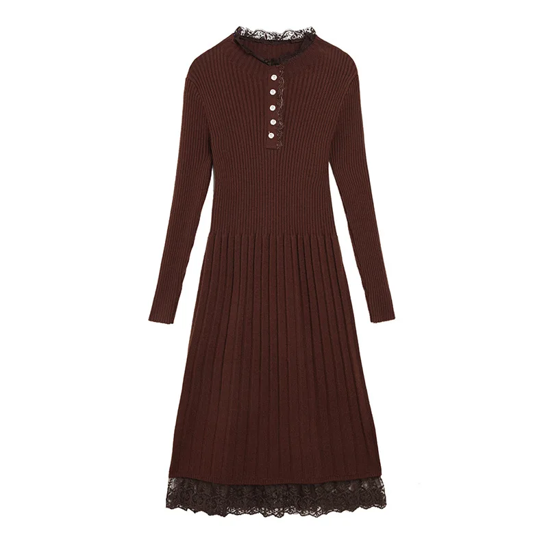 

Robe Pull Femme Hiver Lady Korean Style Lace O-neck Long Sleeve Dresses for Women Casual Knee-length Knit Dress Sukienki Damskie