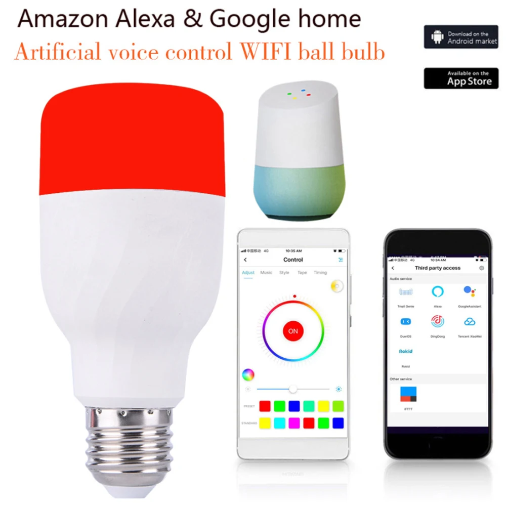 Alexa Voice Control LED Bulb RGB Dimming Wireless WIFI Smart Home Ball Bulb Lamp E27 E26 B22 7W AC85-265V For Decorate  Lighting