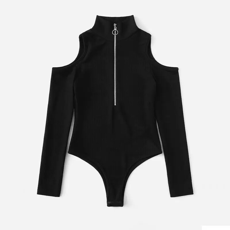 Модный осенний женский комбинезон с высоким воротником боди трико открытыми