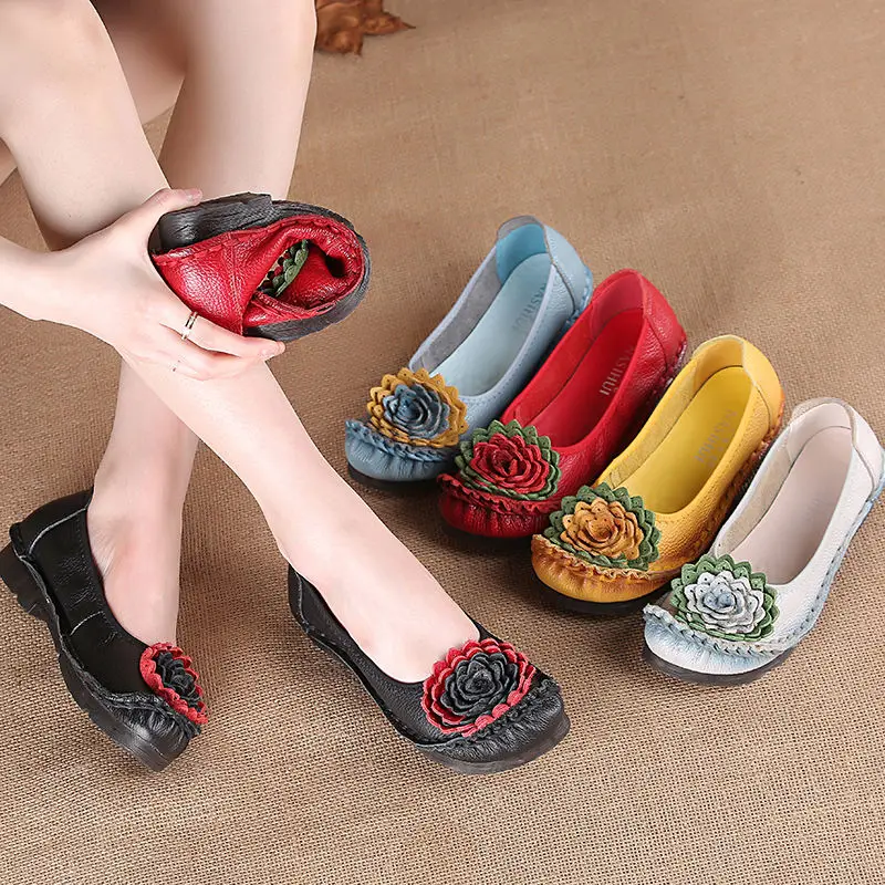 

Designer Shoes Women Luxury Flats Handmade Flower Vintage Loafers Woman Genuine Leather Flats Ladies Pretty Ballarinas Shoes