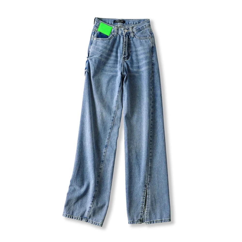 

Woman Labeled Asymmetric Side Split Straight High Waist Jeans Demin xs s m l