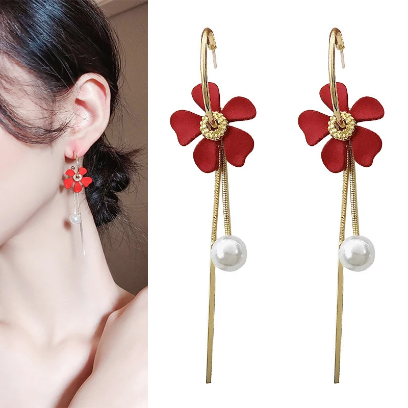 

Elegant Pendant Tassel Pearl Earrings for Women Accessories Statement Jewelry Girl Gift Fashion Red Flower Stud Earrings