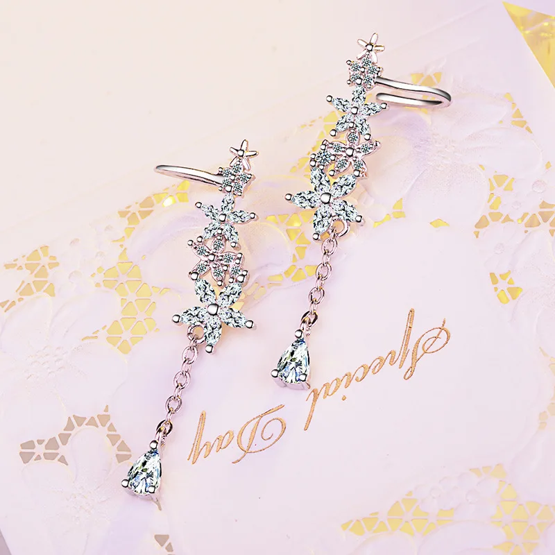 925 пробы серебро AAA циркония ледяные листья цветок Капля воды Кисточка