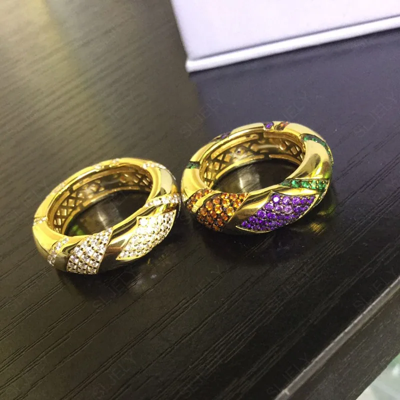 Baoyocn Luxury 925 Sterling Silver Yellow Gold Color Multicolor Large Tribal Finger Ring Paved Geometric Shapes Stones for Women | Украшения
