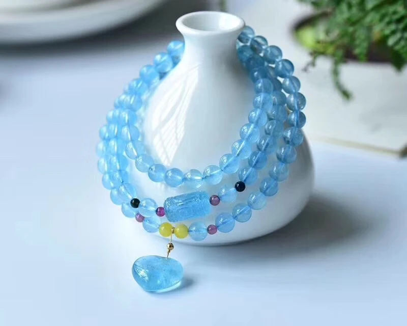 Сертификат натуральный голубой аквамарин 3 круга браслет 6 мм женский и мужской