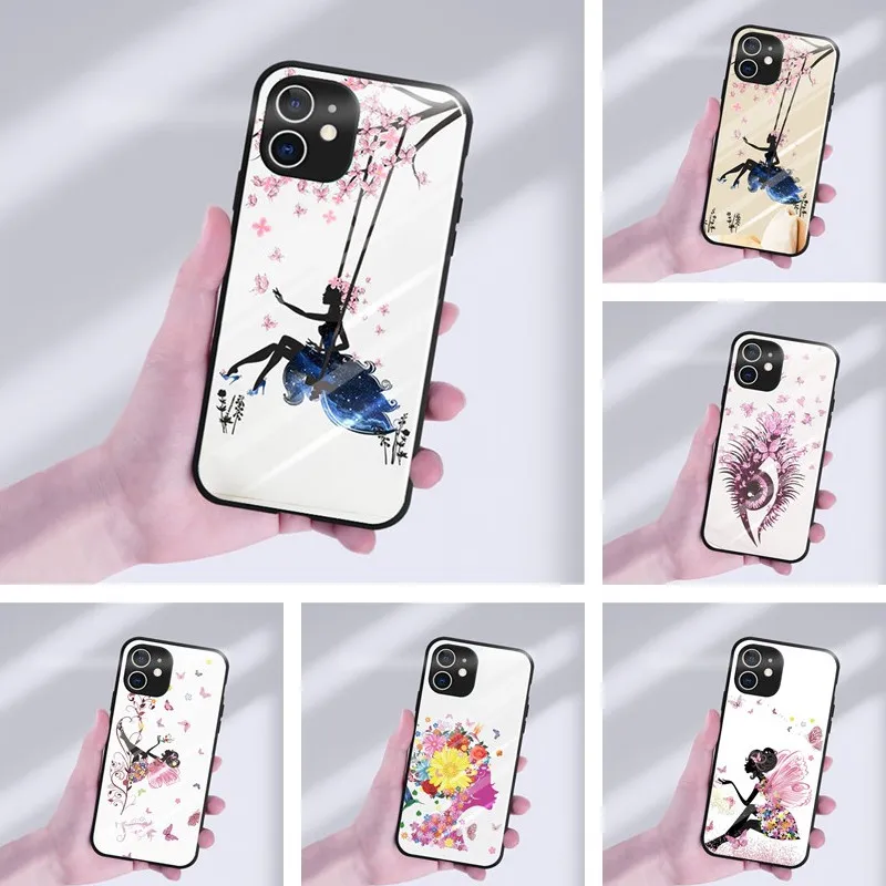 

Colorful Abstract Art Painting Fairy Phonecases For Girls Women Cases Designer Kawaii Cute 3D Tempered Glass Case For iPhone11