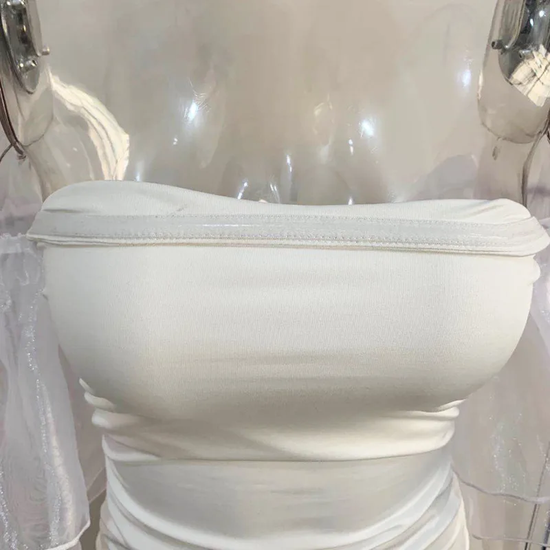 

XUXI Summer 2021, Women, Sexy, Dress, Solid Color, Above Knee, Mini, Pleated, Puff Sleeves, Ladies, Mesh, Dress, E261
