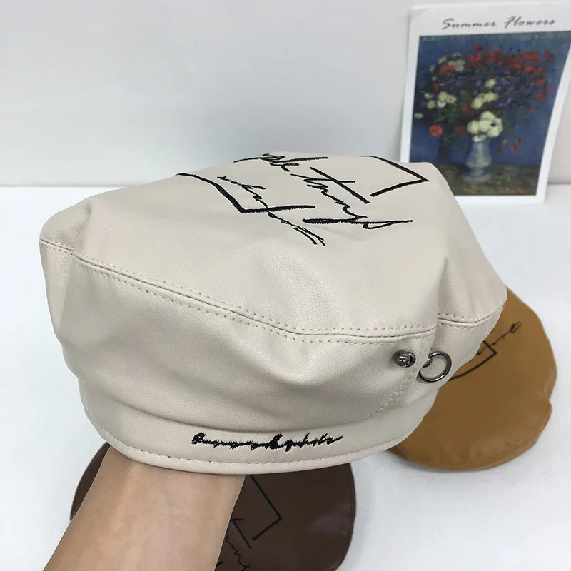 

Men's Women's Art Berets Embroidery Wild PU Leather Trend Rivets Adjustable Creative Autumn Winter Warmth Popular Hats
