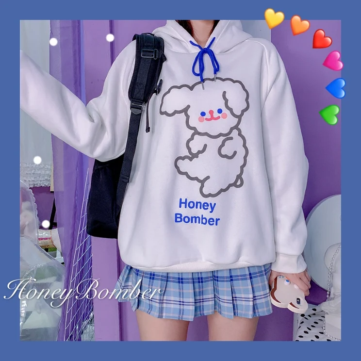 

Early Autumn Hooded Women Japanese Sweet Loose Cute Puppy Pattern Print Long Sleeve Pullover Hoodies Girls Sweatshirt Tops