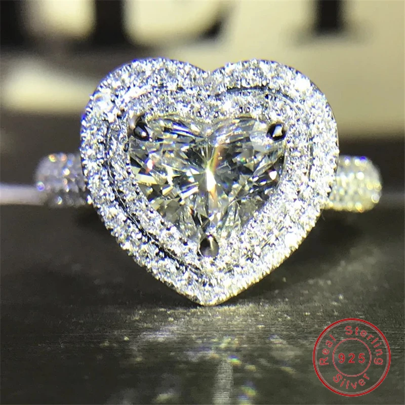 Роскошное Настоящее цельное 925 пробы Серебряное кольцо в форме сердца AAAAA циркон