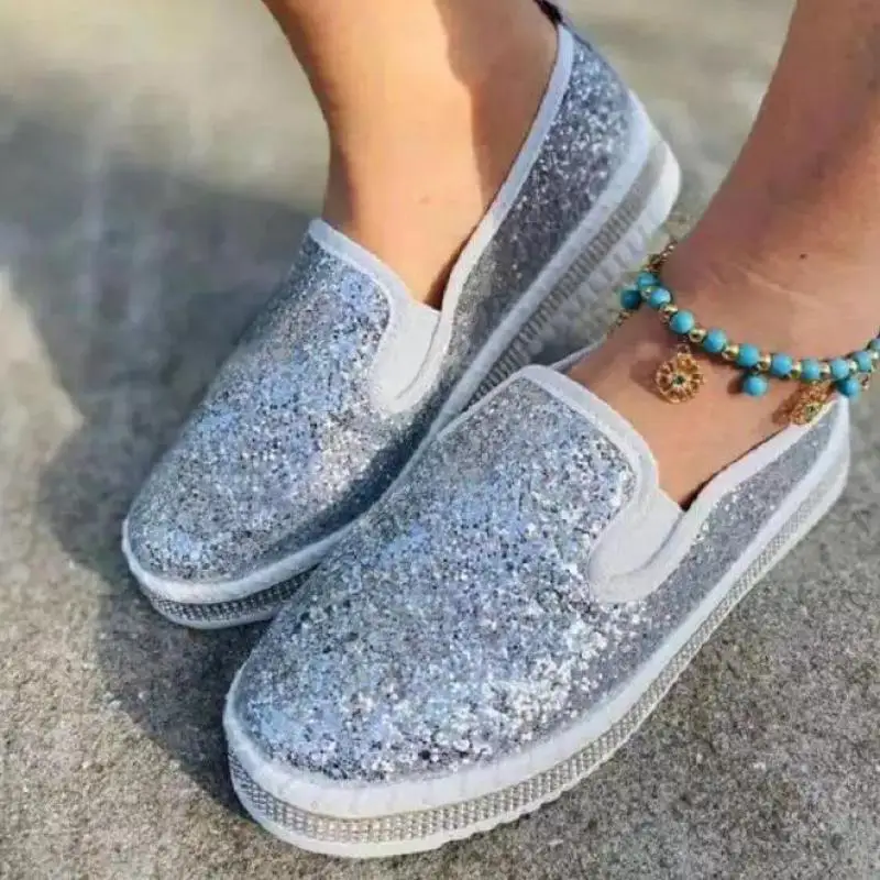 Women Flats  Woman Shoes Rhinestone Ladies Casual Shoes Round Toe Slip-on Platform Shoes