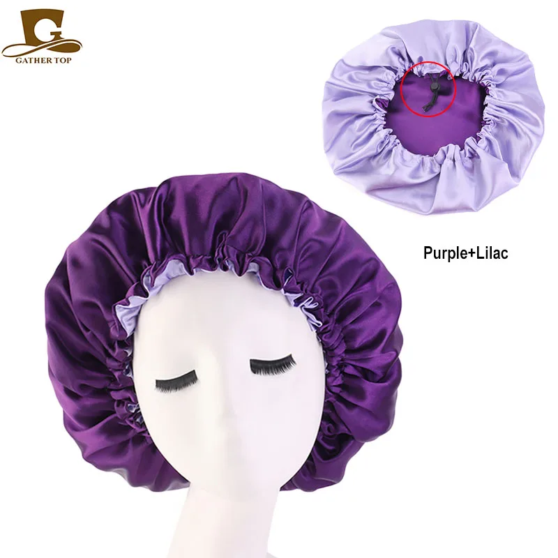 

Adjustable Satin Women Bonnet Day Night Large Size Sleep Cap for Women Double Layer Head Wrap Hair Accessories New Fashion