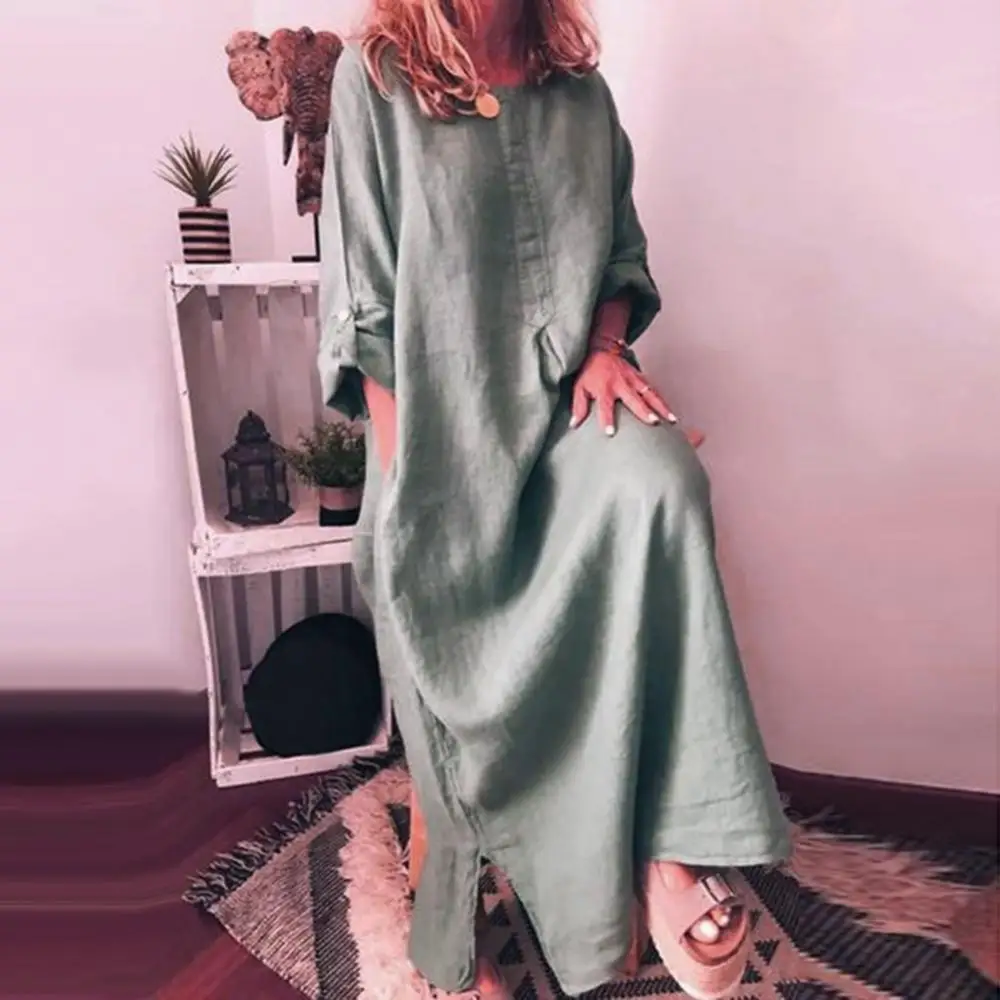Hot Sales Casual Women Solid Color Oversize Maxi Cotton Linen Long Shirt Kaftan Dress