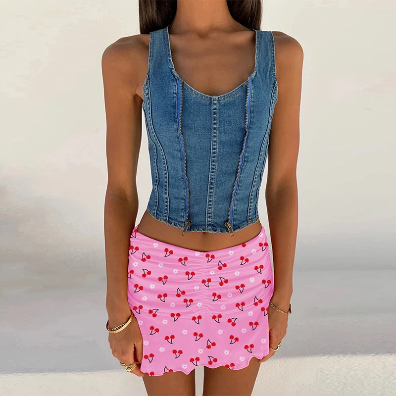 

Summer Sexy Pleated Drape Bag Hip Skirts Elegant Floral Print Beach Ruffle Short Skirts Women Casual Sweet Slim Design Skirt XL