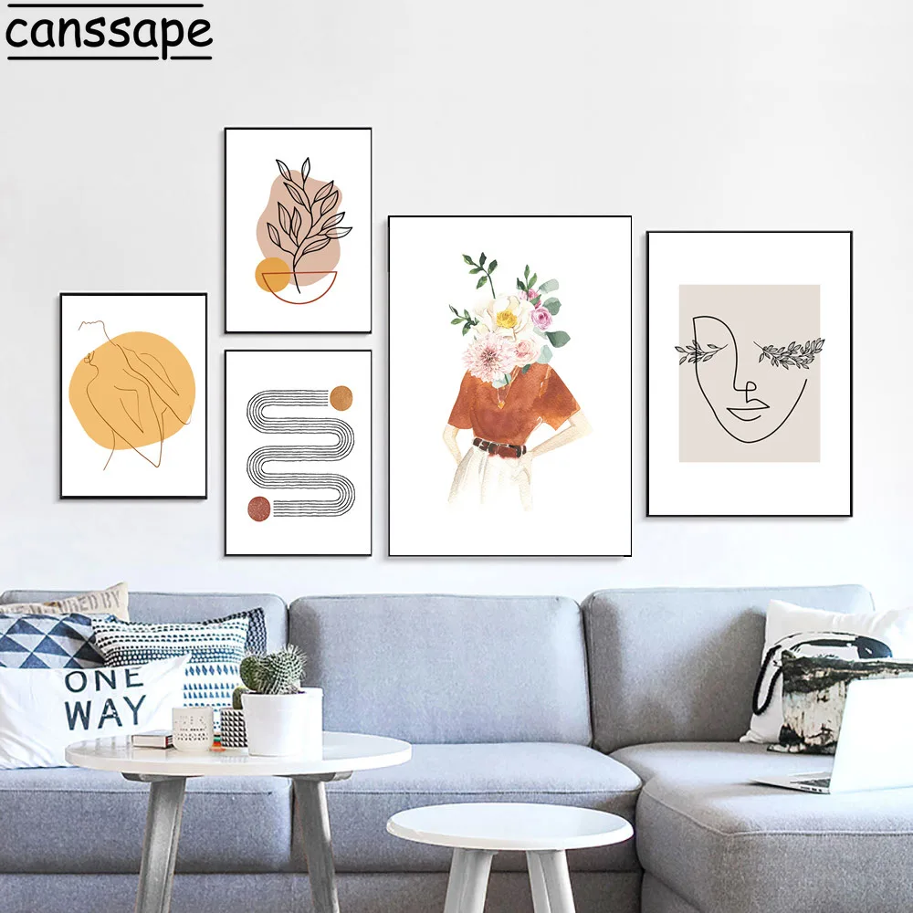 Pink Flower Girl Poster Face Line Drawing Canvas Painting Abstract Woman Wall Art Print Plant Leaf Boho Pictures Home Decor | Дом и сад
