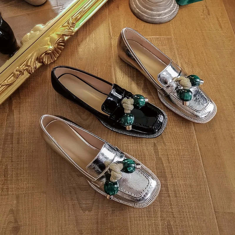 

New Fashion Handmade Women Pumps 2021 Spring Summer Low Heels Square Toe Black Silver Dress Casual Shoes Woman Pumps Big Size 43