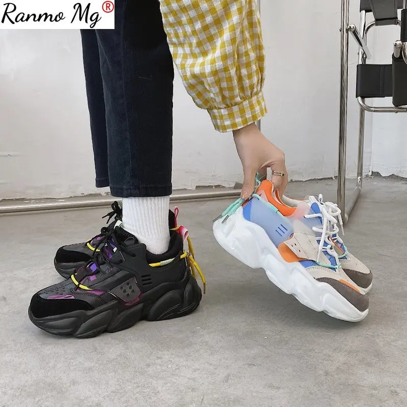 

Women's Shoes Lace-Up Black Chunky Platform White Casual Leather Breathable All-match Summer Ladies Sports Sneakers Fashion 2021