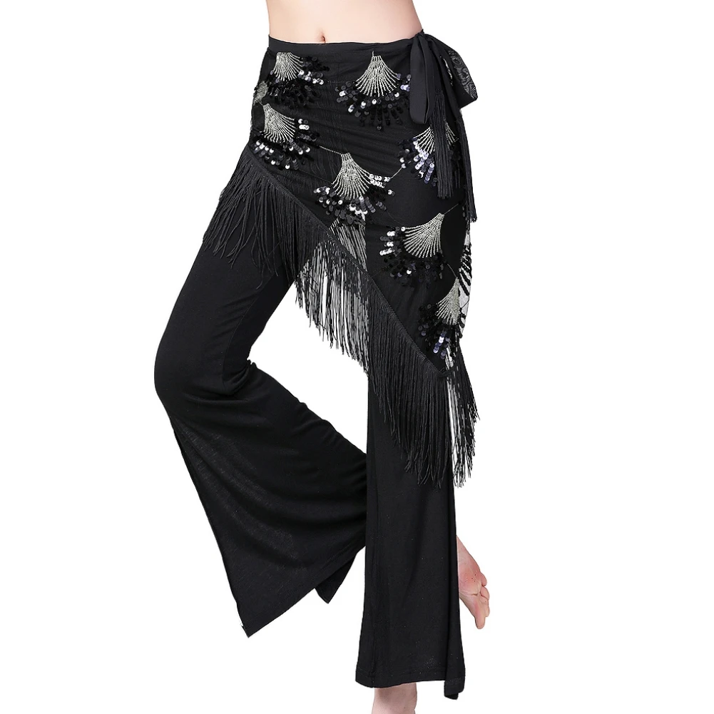 

Women Belly Dance Clothes Black Mesh Base Long Fringes Sequins Belt Tribal Hip Scarf Wrap Skirt for Women