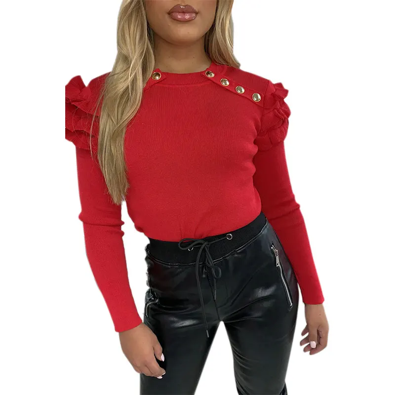 

VICABO Women Tops Solid Color Skinny Knitted Long Ruffles Sleeve Round Collar Slim Sweater Elegant Office Lady Pullovers
