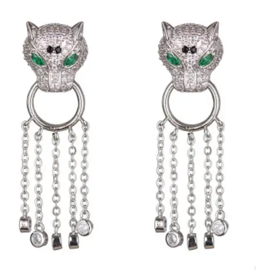 

Серьги brinco с леопардовой головой и бахромой, длинные серьги из серебра 925 пробы, микро-набор из циркониевых серег, серьги с драгоценным камня...