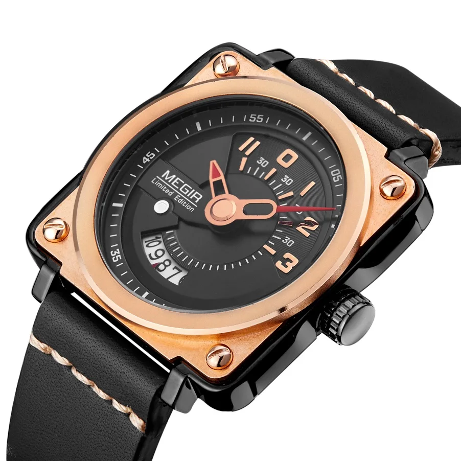 Часы Megir мужские Кварцевые водонепроницаемые прямоугольные деловые с квадратным