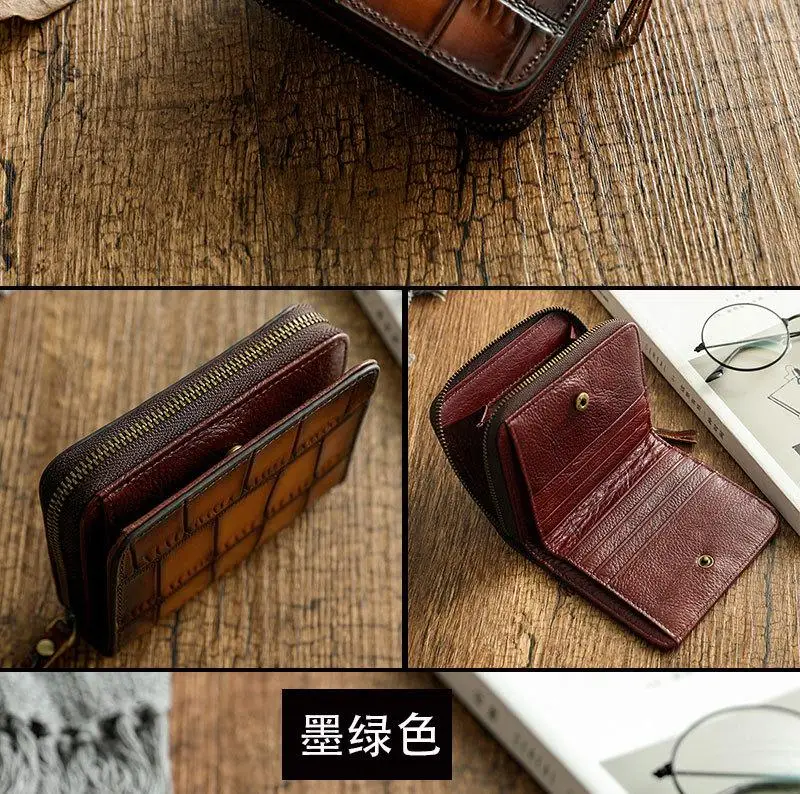 

First Layer Cowhide Women Wallet Card Holder 2021 New Retro Crocodile Pattern Short Mini Wallets Leisure Lady Purse