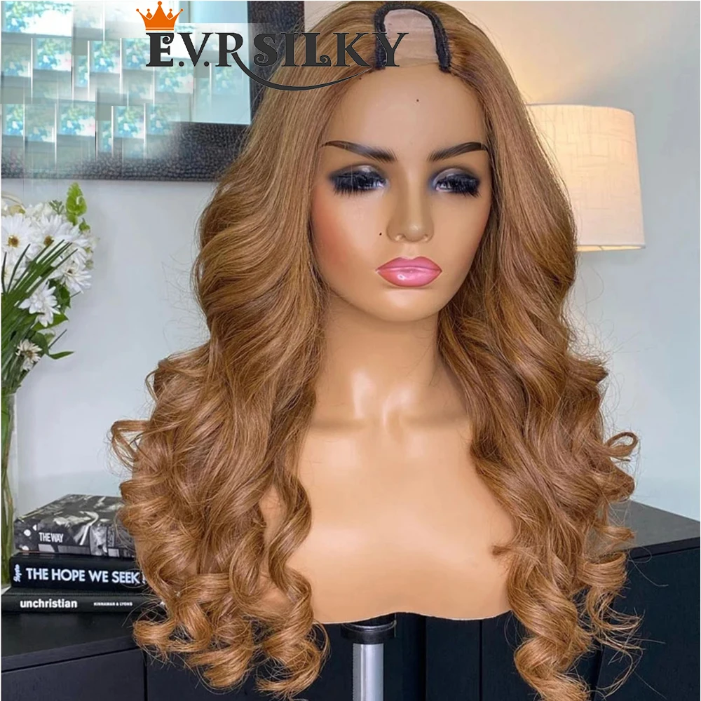Golden Honey Blonde U Part Human Hair Wigs With Combs Loose Wave Brazilian Remy Glueless Middle/Side V Shape Half Wig 250density