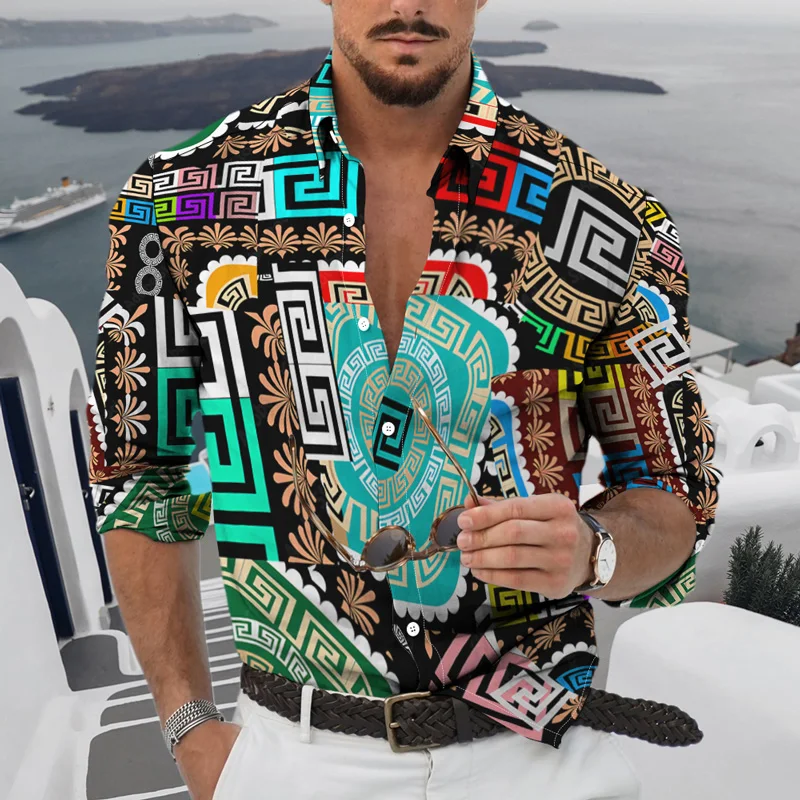 2021 Fall Men's Long Shirt Single-breasted Button Lapel 3D Newest Daily Casual Fashion Young Classic Retro Graphic Theme