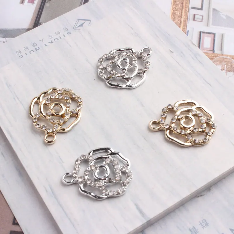 10 шт./лот подвеска в форме цветка розы золотого и серебряного цвета со стразами