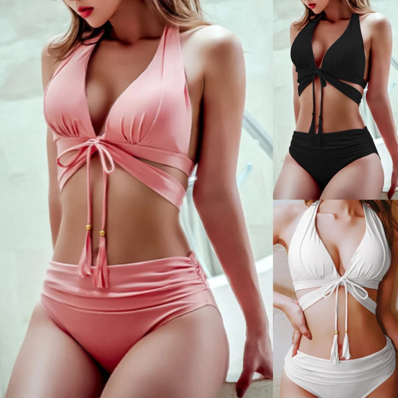 

Women Sexy Pink High Waist Push Up Bikini Bandage Swimsuit Tassle Swimwear Beach Wear Swim Bathing Suit