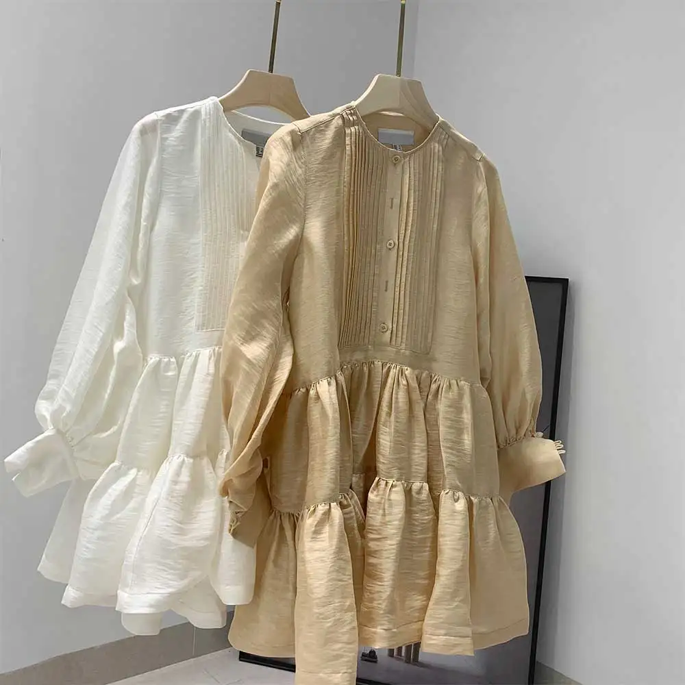 

pleating women DRESS long sleeve spring autumn dress fashion ladies dress pockets mini sexy dress women