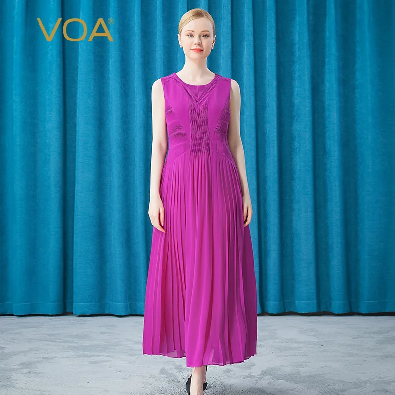 

VOA Silk Peony Powder Georgette Tuck Elegantly Decorated Round Neck Sleeveless Fluffy Pleated Hem Dress Summer 2021 AE725