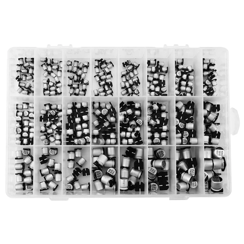 

1UF-1000UF 6.3V-50V 400Pcs 24Value SMD Aluminum Electrolytic Capacitors Assortment Kit + Box