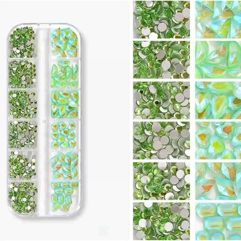 

1 Box/12 Grids Crystal Nail Art Rhinestone Gold Silver Shape Clear Flat Nail Bottom Art Mixed All Color 3D Decoration DIY B9N3