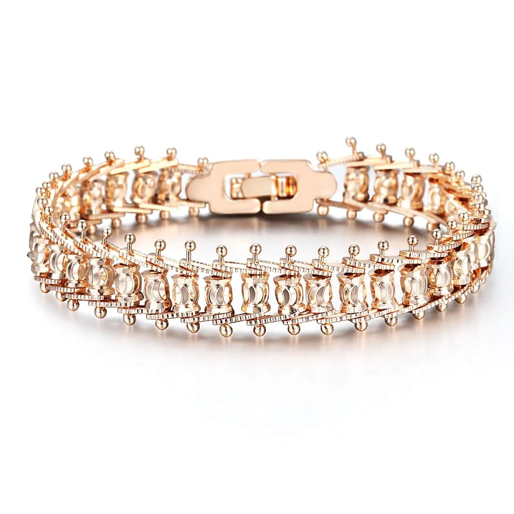 Женский розовый золотистый браслет 585 пробы гладкий резной с бусинами цепочкой в